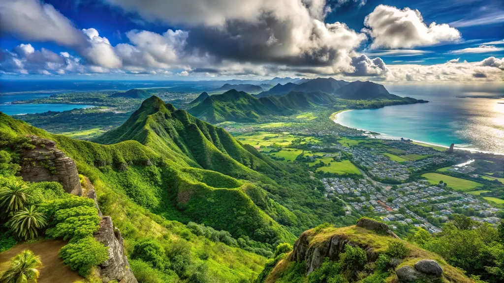 An aerial shot of an impressive mountain range with cities and ocean on both sides