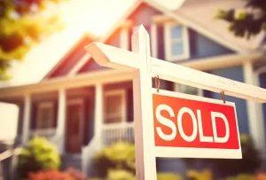 A "sold" sign in front of a blurred house in the background