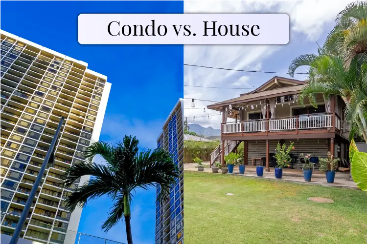 Image of a condo next to image of a house. Text over it reads "Condo vs. House"