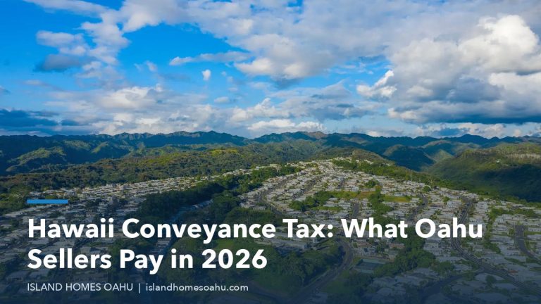 Hawaii conveyance tax guide for Oahu sellers, over an aerial view of Oahu homes with mountains behind