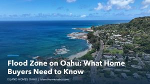 Aerial view of blue water, the coastline and homes at the foot of a hill, illustrating a flood zone on Oahu
